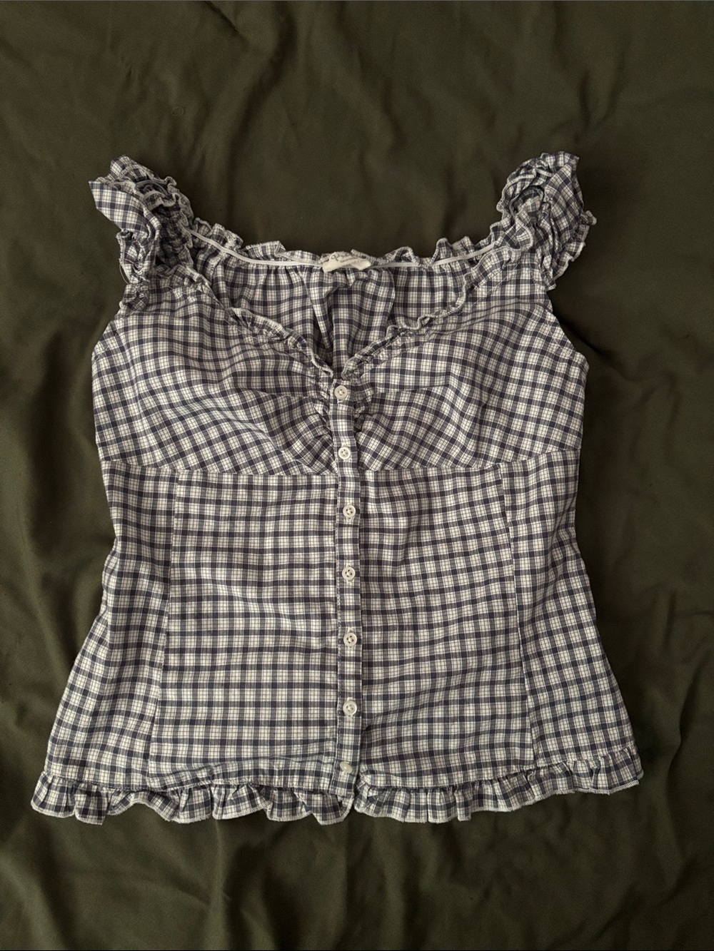 Brandy Melville Blue & White Gingham Ruffle Camisole